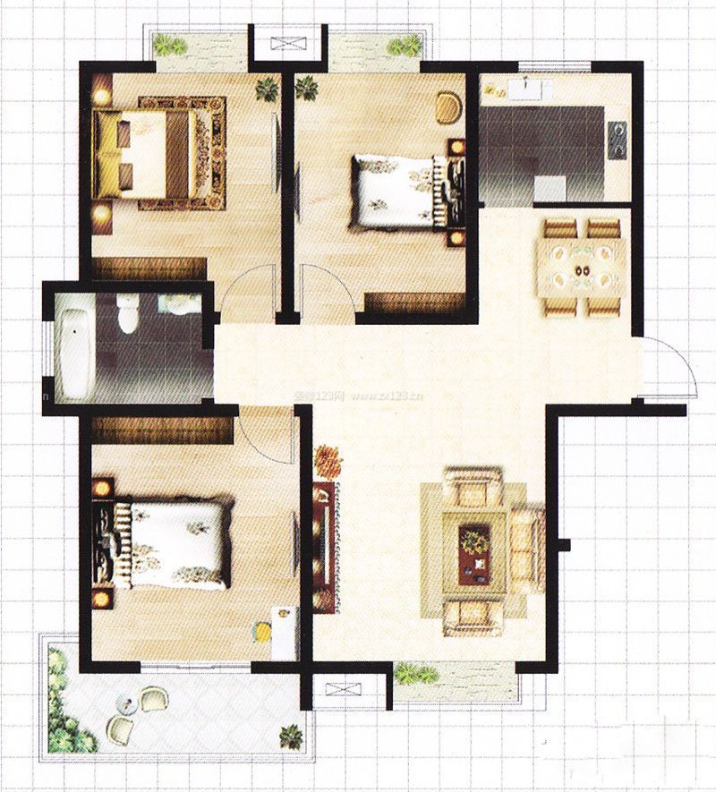 緊湊型三房兩廳一衛(wèi)戶型圖設(shè)計(jì)樣板