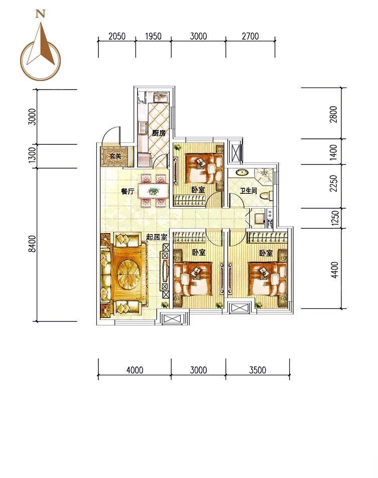 帶入戶玄關(guān)三房兩廳一衛(wèi)戶型圖