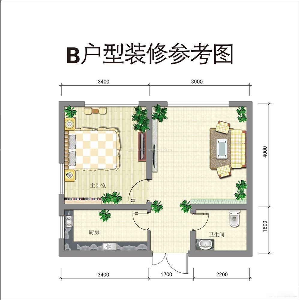 传统一室一厅一卫户型图设计案例