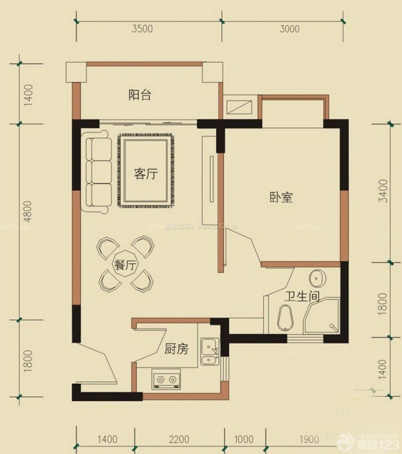 傳統一室一廳一衛戶型圖設計效果圖欣賞