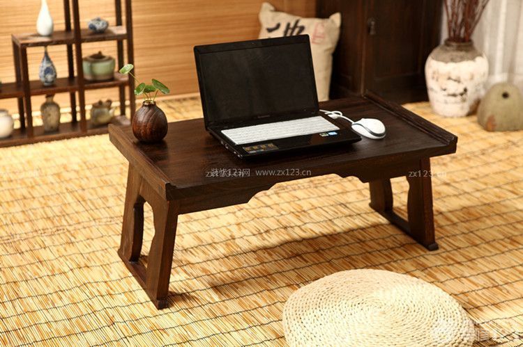 中式家居实木折叠电脑桌摆放效果图