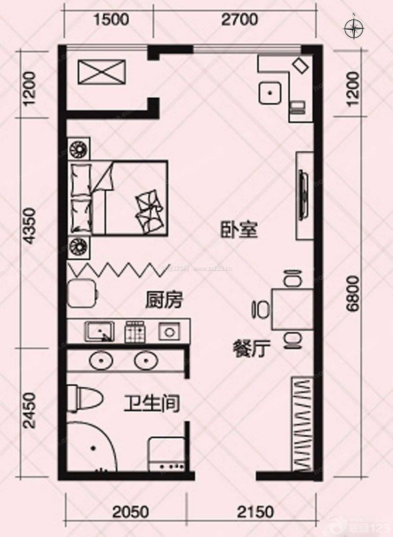 单身公寓一室一厅一卫户型图设计