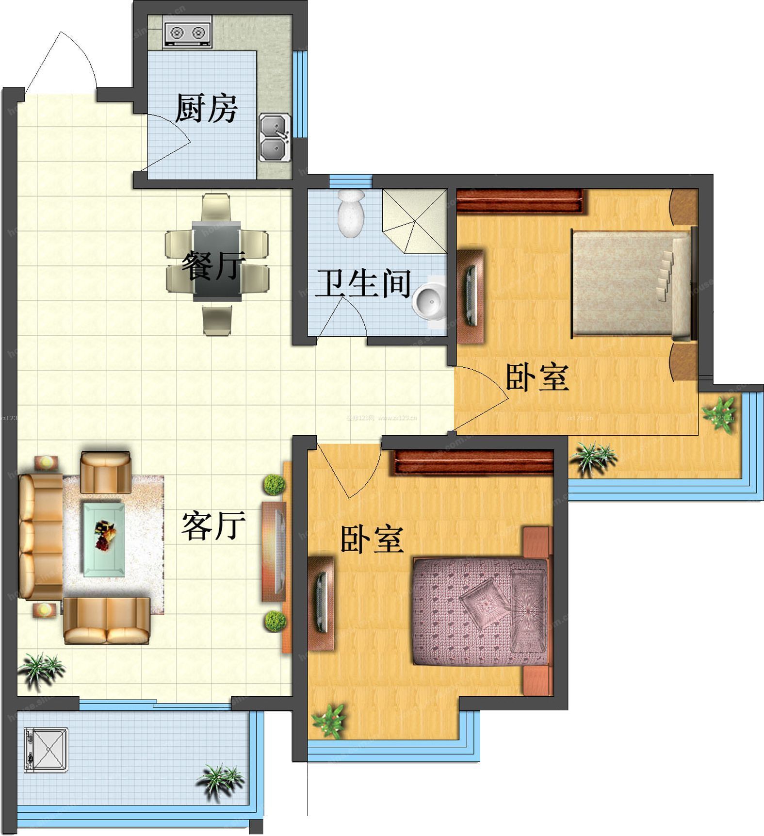 地中海風格二室二廳戶型圖大全