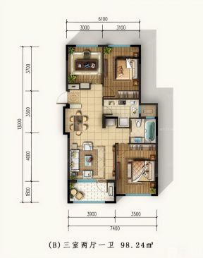 98平米三房两厅一卫户型图