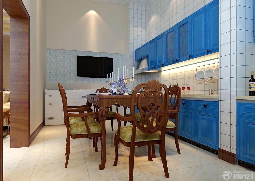 三室一厅厨房蓝色橱柜装修案例图