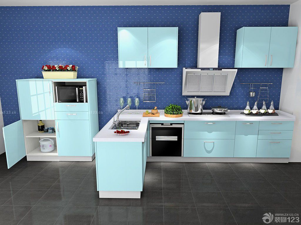 厨房蓝色橱柜实景图