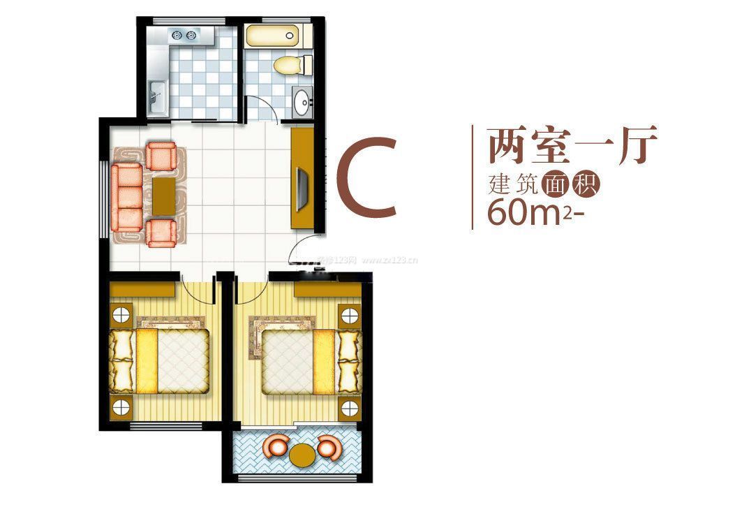 兩室一廳60平米小戶型平面圖