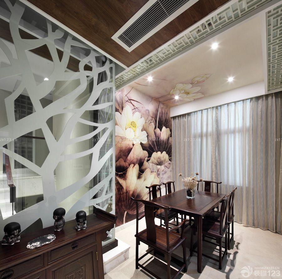 中式风格餐厅艺术玻璃墙面设计图