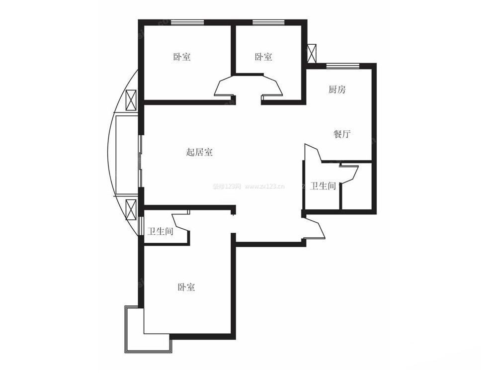 兩室一廳兩衛(wèi)戶型圖弧形陽臺設(shè)計