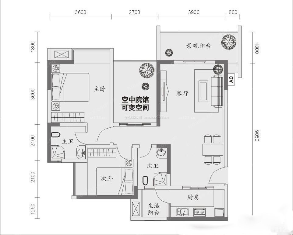 兩室一廳兩衛(wèi)戶型圖兩室可改三室戶型圖