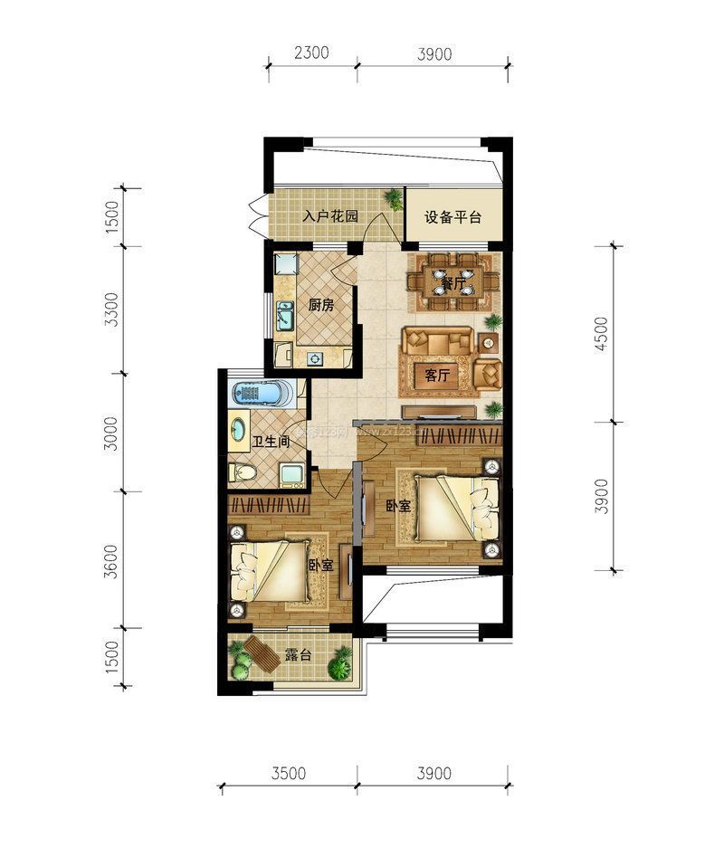 两室一厅带入户花园长方形户型图大全 