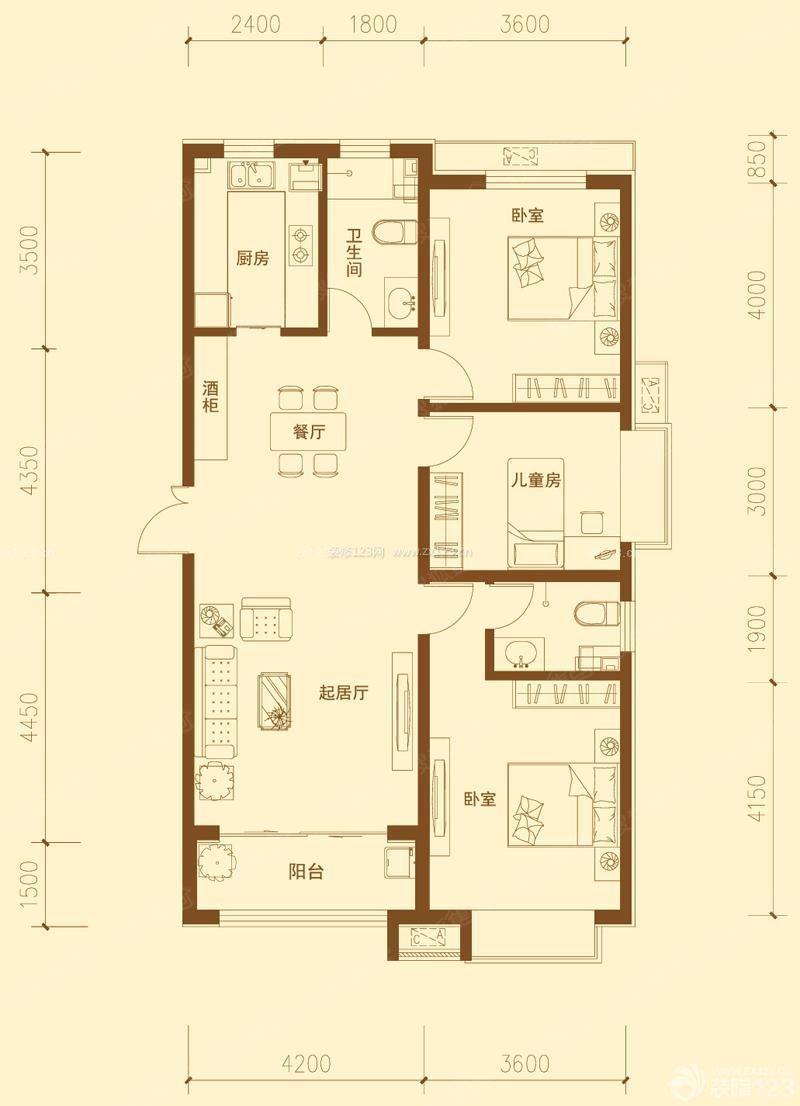 三室两厅长方形户型图大全_装信通网效果图