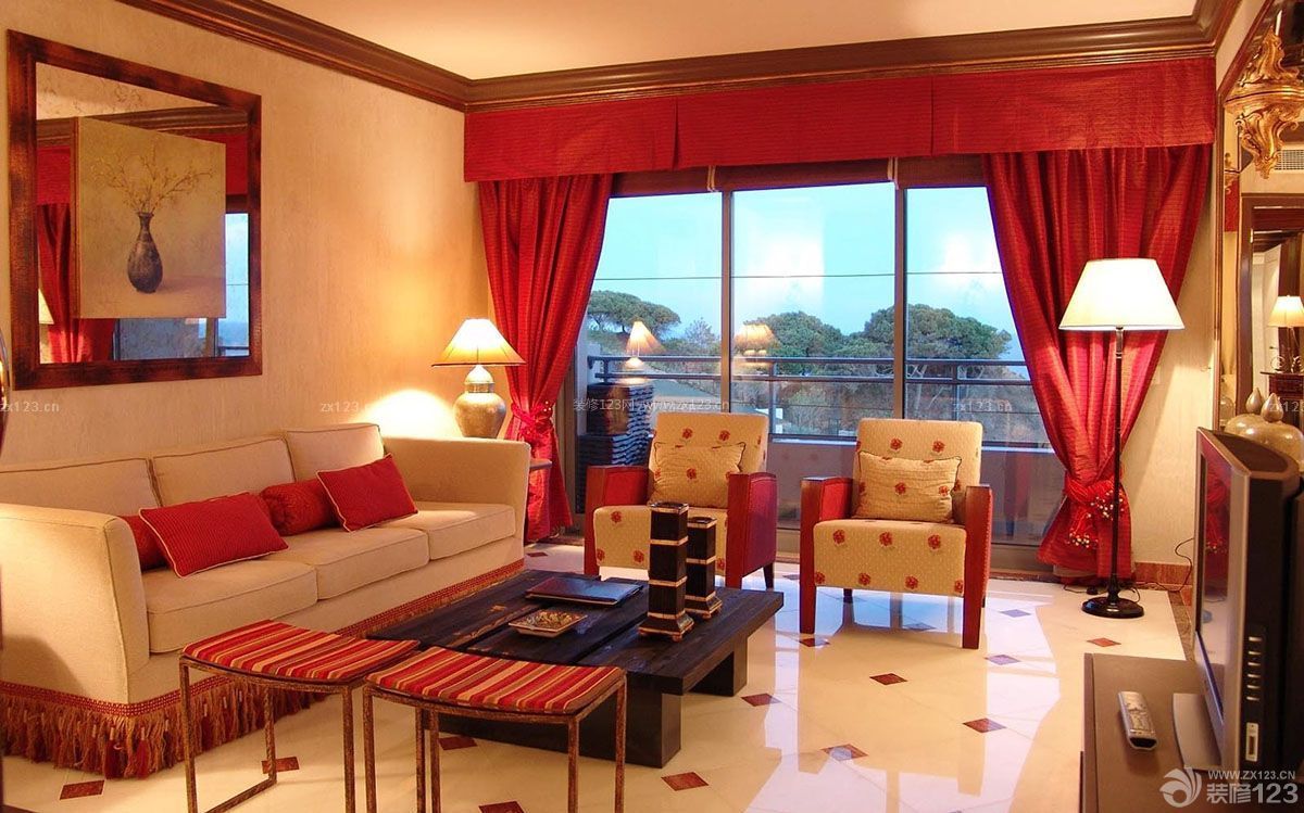 新中式风格客厅红色窗帘装修样板参考