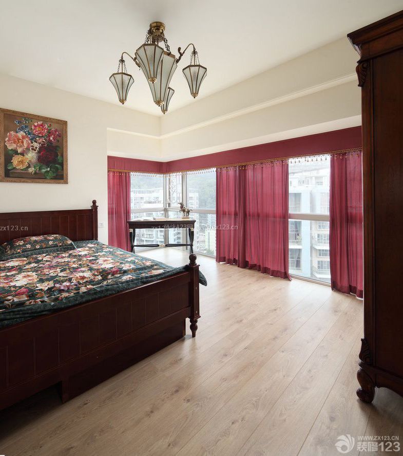 简约中式风格卧室红色窗帘装修效果图欣赏