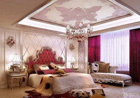 奢华欧式风格卧室红色窗帘装修样板图