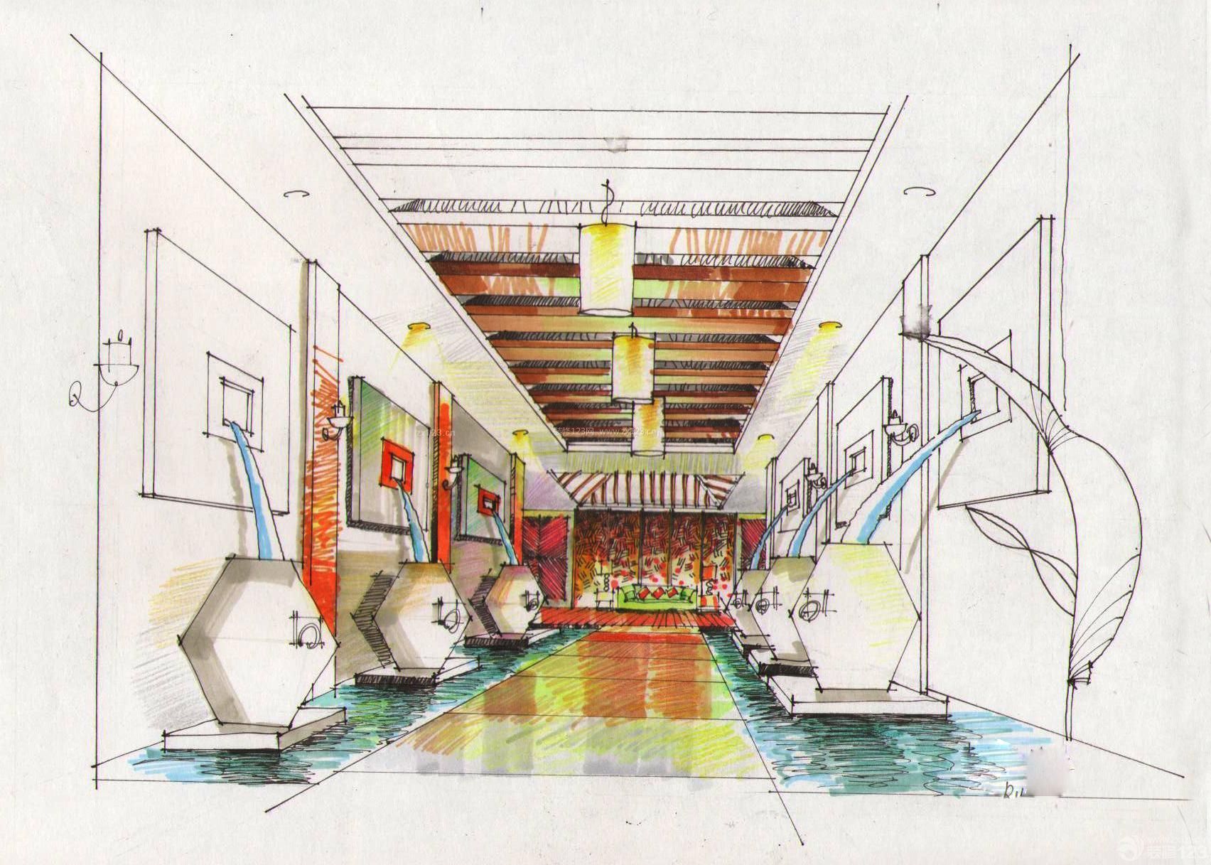 马克笔手绘走廊图片_装信通网效果图