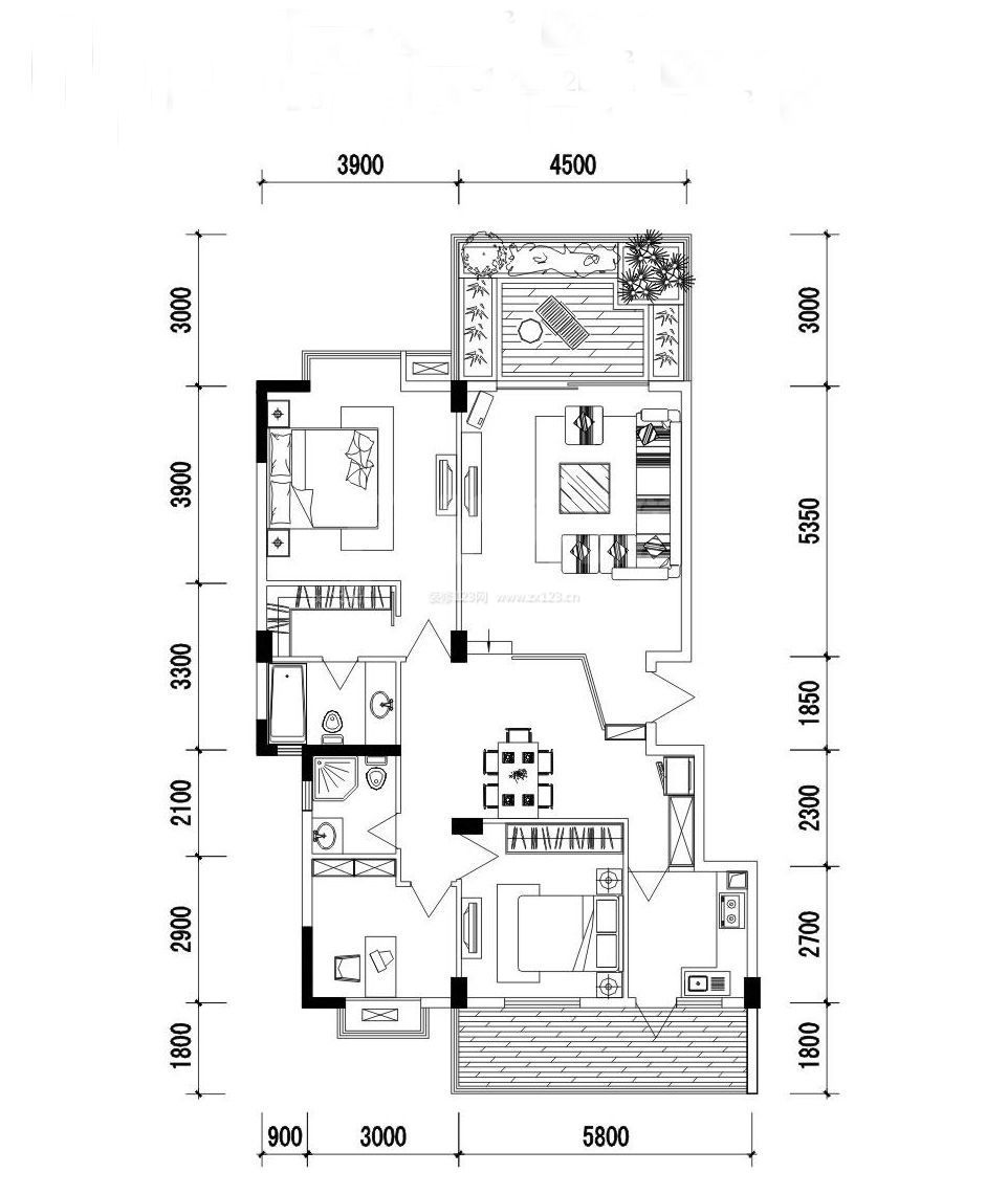 經(jīng)典田園風(fēng)格二室二廳二衛(wèi)戶型圖