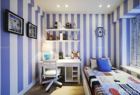 榻榻米卧室蓝色条纹壁纸设计图