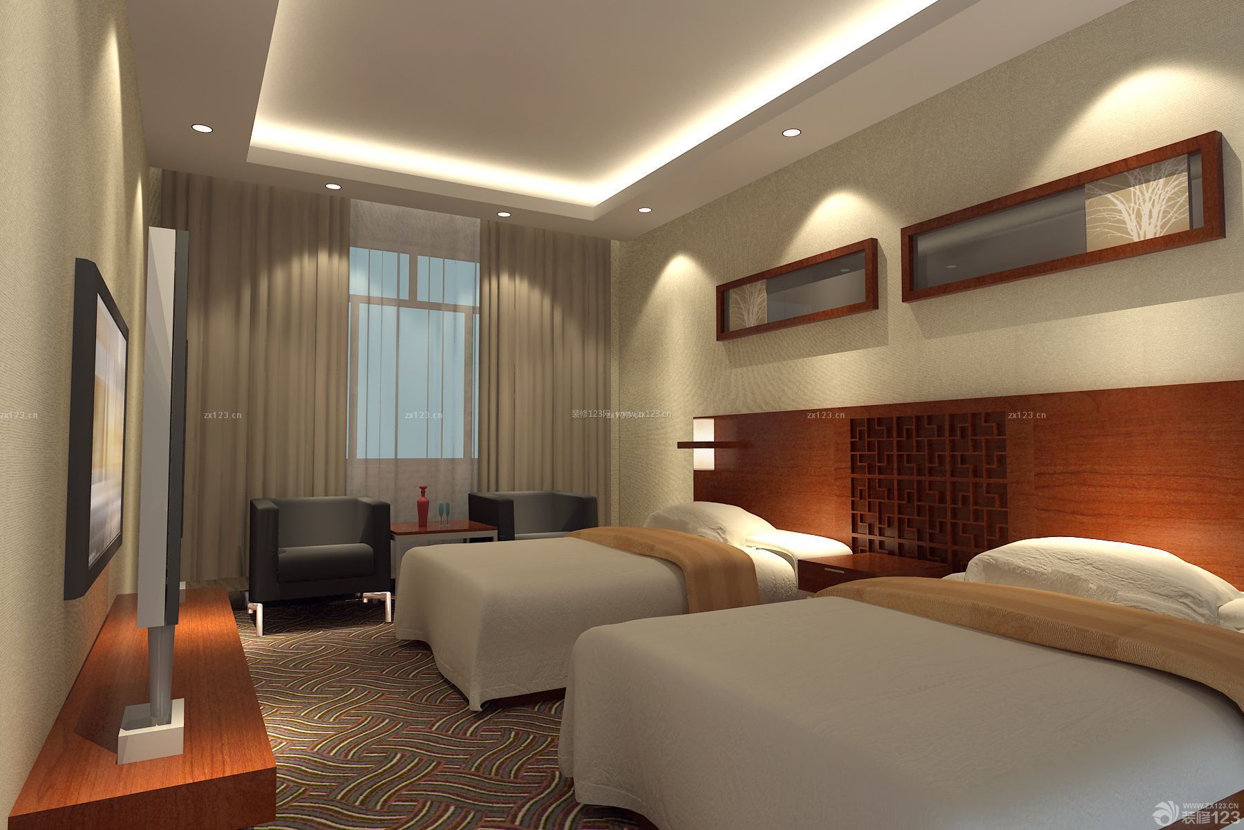 现代旅馆双人房间装修效果图