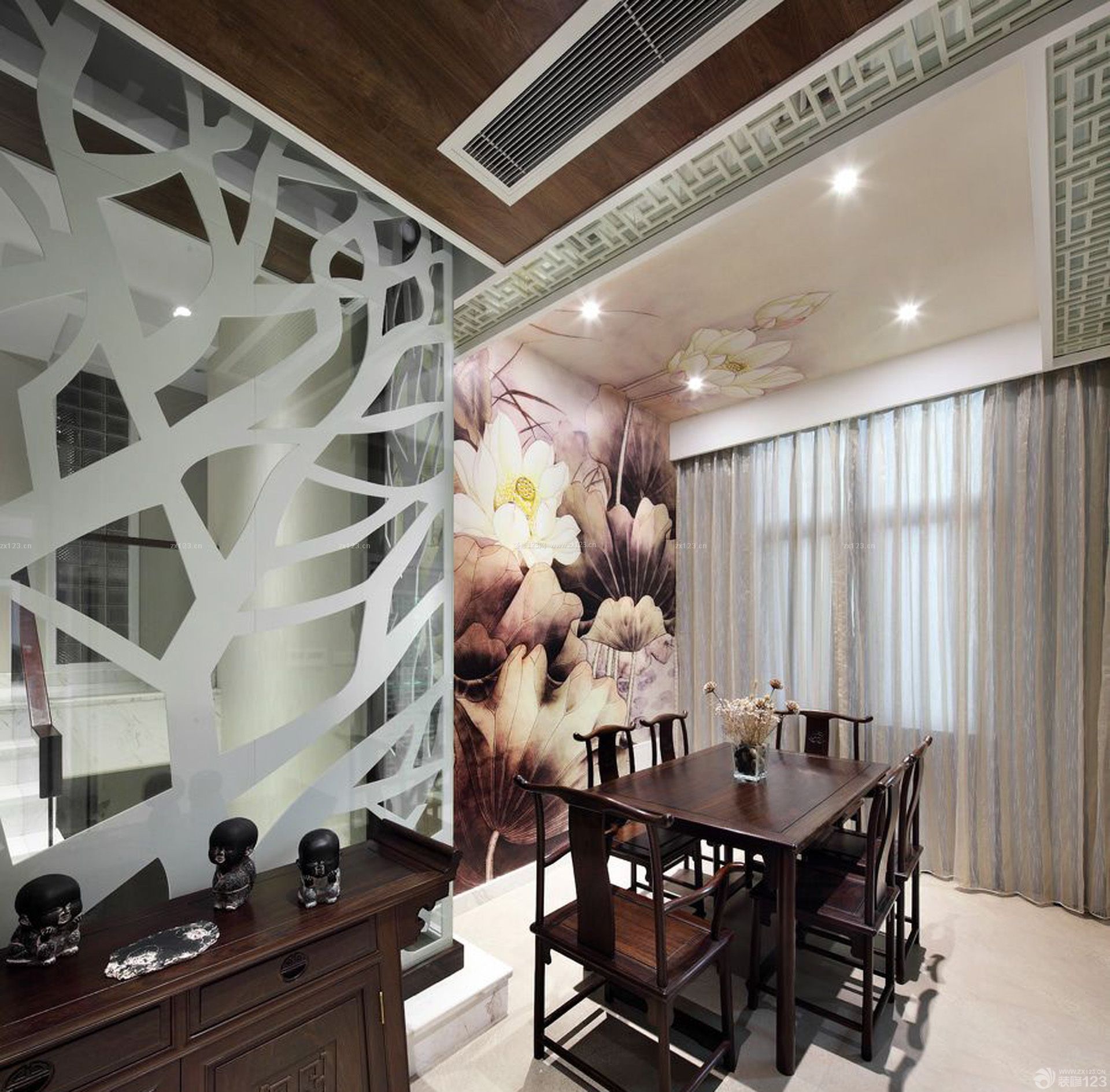新中式风格餐厅背景墙体彩绘效果图