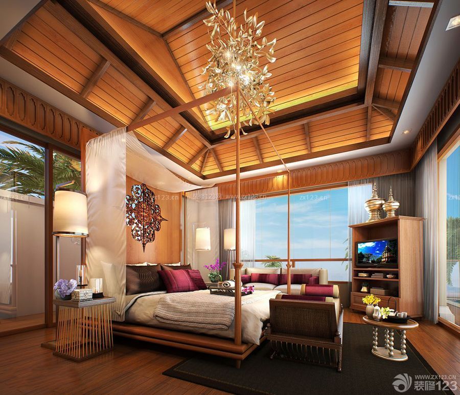 东南亚卧室桑拿板吊顶装修效果图欣赏
