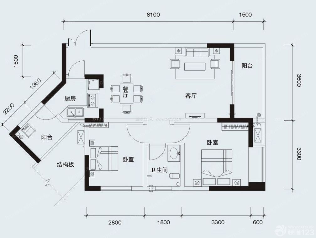 時(shí)尚混搭風(fēng)格兩房戶型圖片大全