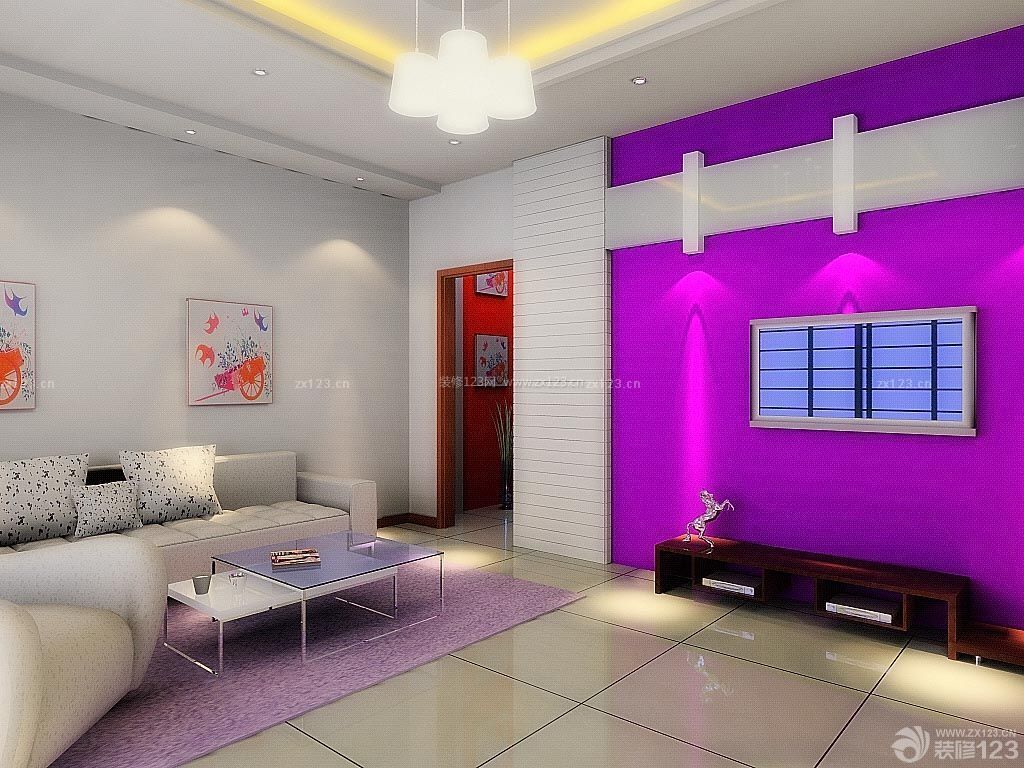 简约时尚家庭室内背景墙紫色墙面效果图