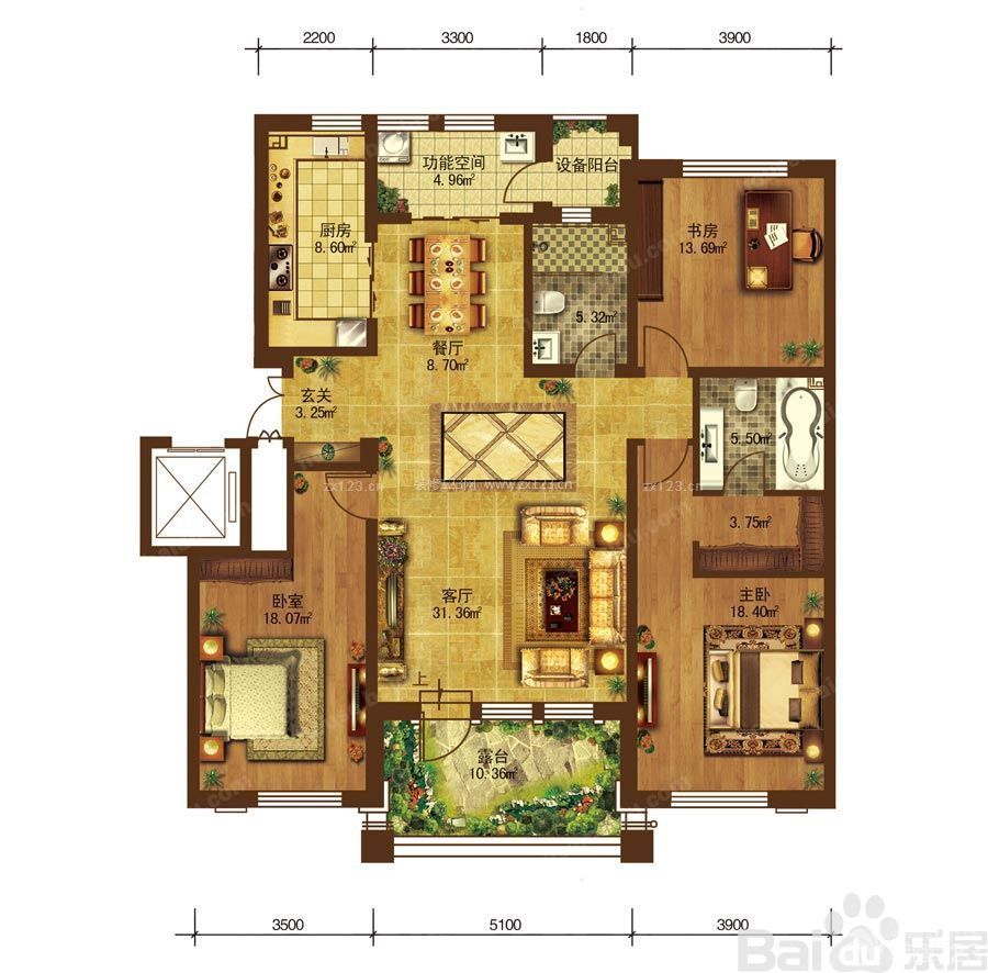 2021田园风格120平米三层户型图