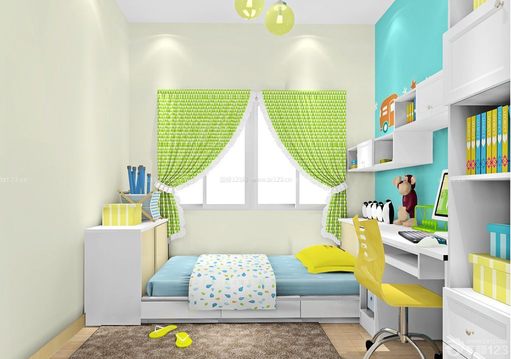 儿童房绿色窗帘装饰图片