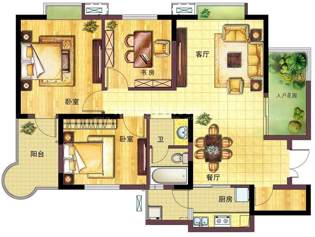 140平帶入戶花園三室兩廳二衛(wèi)戶型圖