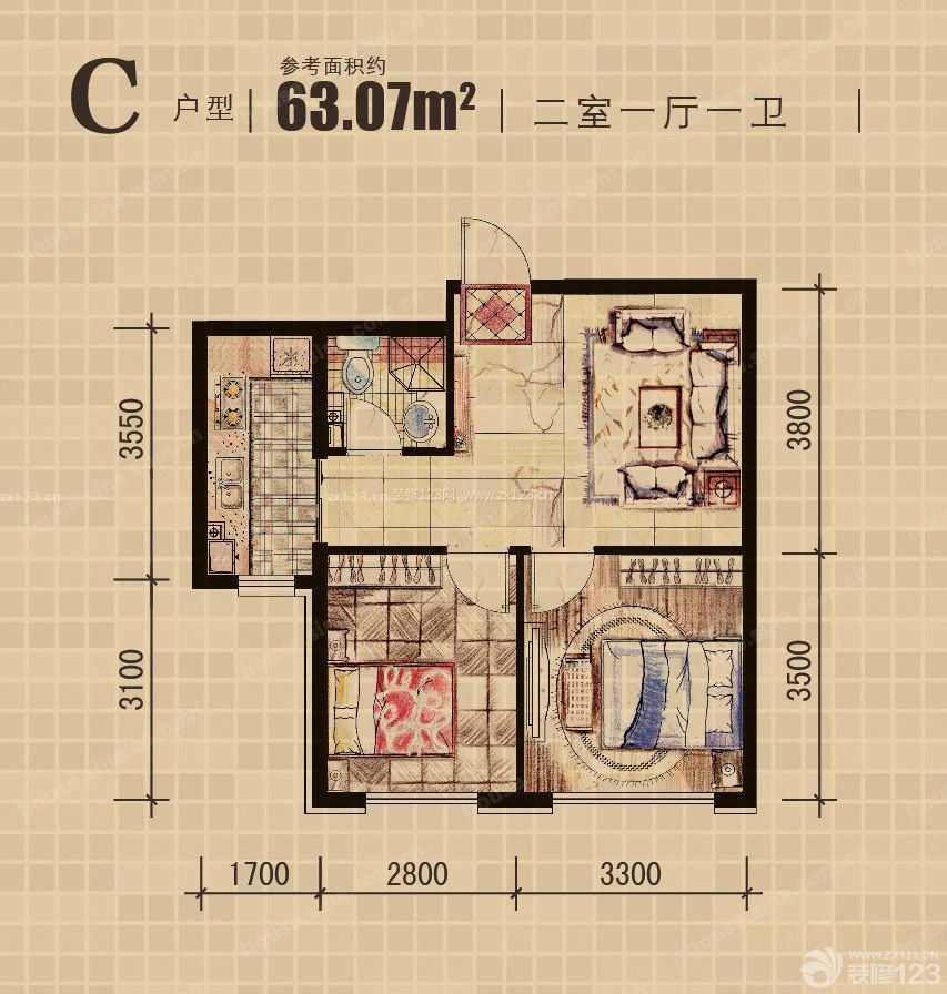 2023二室一廳一衛(wèi)戶型圖