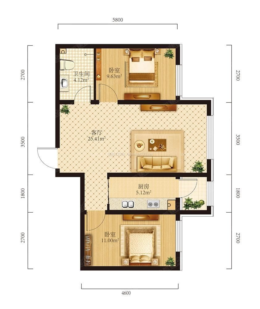 二室一廳一衛(wèi)戶型圖案例