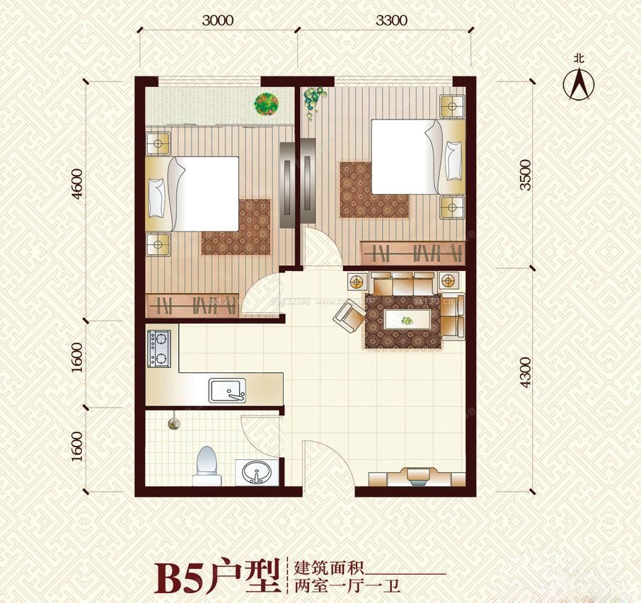 現(xiàn)代風(fēng)格二室一廳一衛(wèi)戶型圖