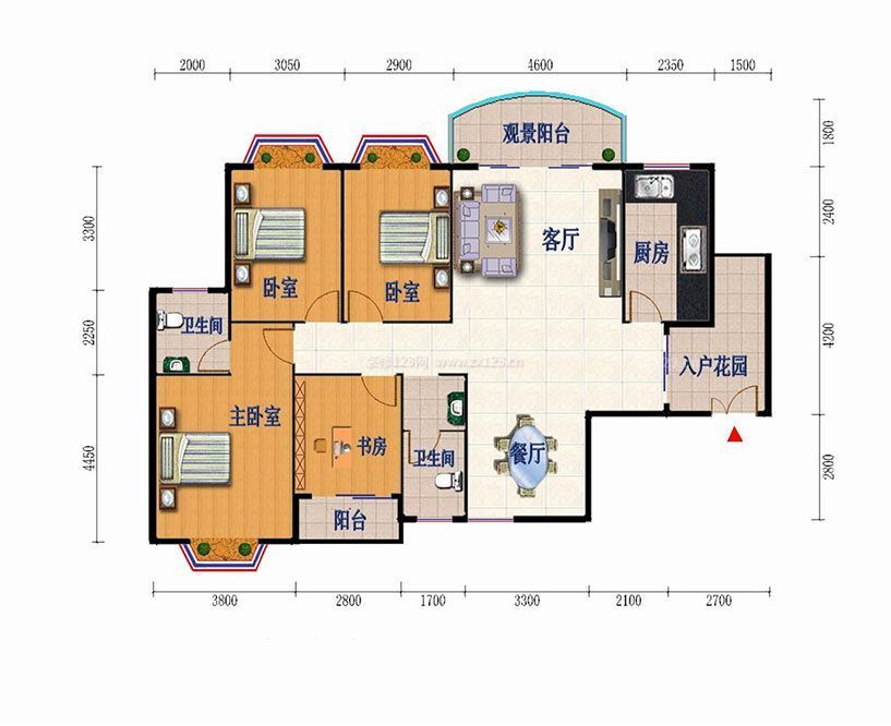 三室兩廳二衛(wèi)帶入戶花園戶型圖設(shè)計