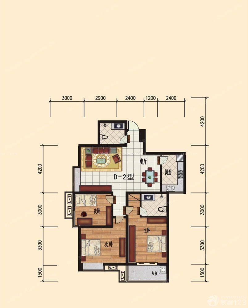 三室兩廳二衛(wèi)帶陽臺戶型圖