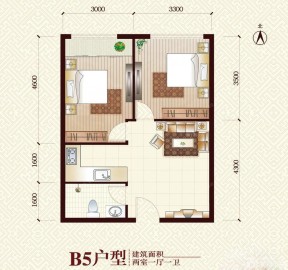 現代風格二室一廳一衛(wèi)戶型圖