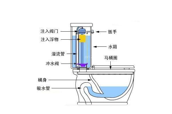 水箱是组成马桶的重要部分,了解马桶水箱结构图和马桶水箱工作原理对以后马桶堵塞或者马桶漏水有非常重要的意义。虽然说马桶水箱款式都不一样但是其原理和内部结构都是一样的。只要掌握了马桶水箱的结构图我们以后就能自己维护和修理马桶了。 马桶主要由:进水管、出水管、渗水管、水塞、浮球、防水旋钮及杠杆组成,我们要了解马桶的工作原理就要了解这些部件的作用。在防水的时候搬动防水按钮,旋钮会通过杠杆将出水塞拉起,这样水箱的水就会被放出,水放出后出水赛落下,堵住出水口,此时浮球也会应为水面下降处在水底部。而浮球的下落带动了杠