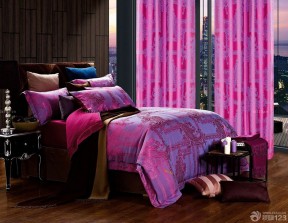 现代欧式风格卧室落地窗彩色窗帘装修设计图