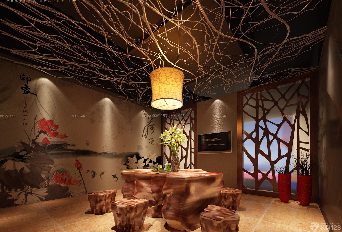 中国古典风格根雕桌椅咖啡馆设计效果图