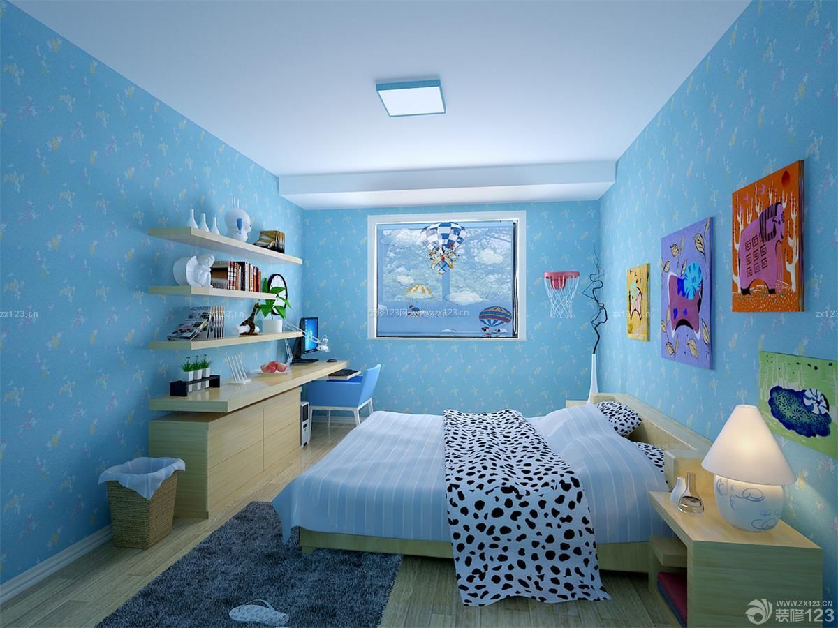 儿童卧室深蓝色墙面装修实景图