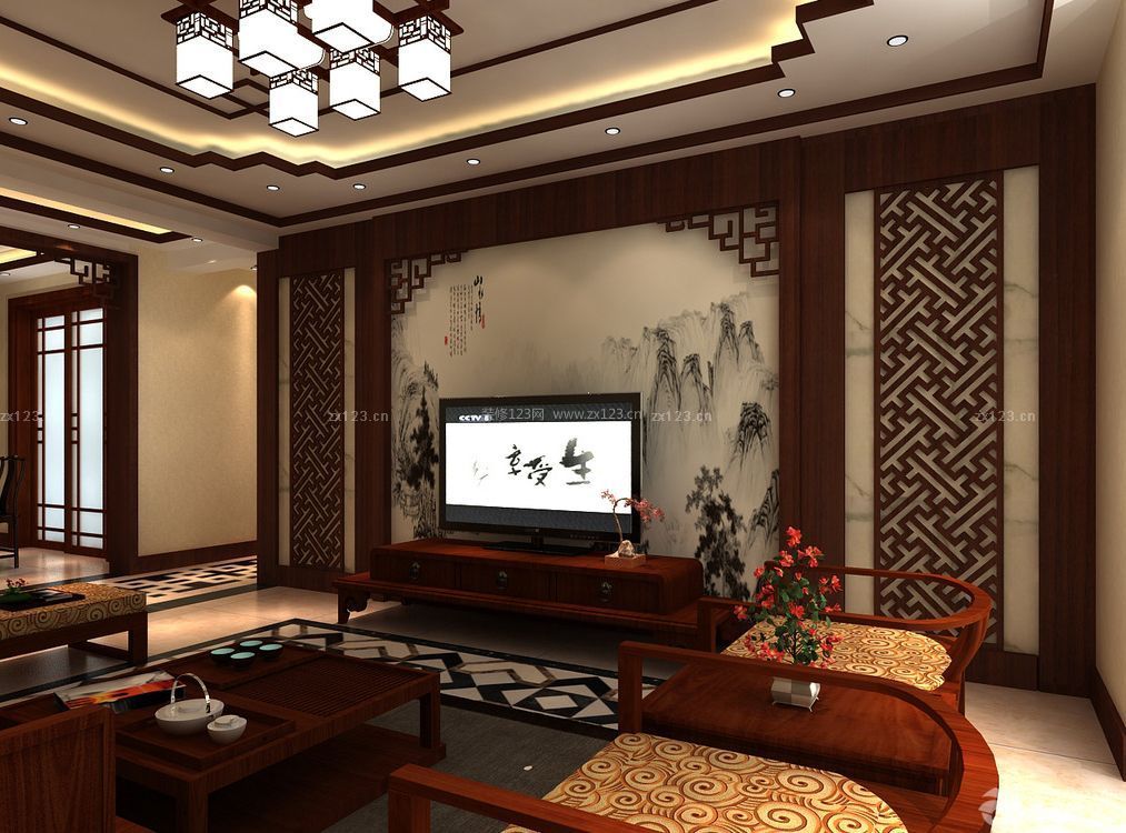 新中式客厅家装电视墙设计图片欣赏