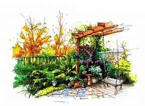 别墅花园景观手绘效果图 