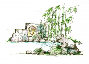 庭院假山喷泉景观手绘设计效果图