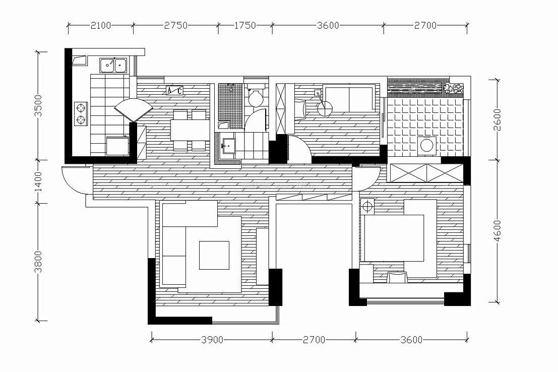 兩室一廳一廚一衛(wèi)80平米小戶型平面圖