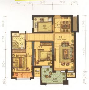 两室一厅一卫80平米小户型平面图设计效果图