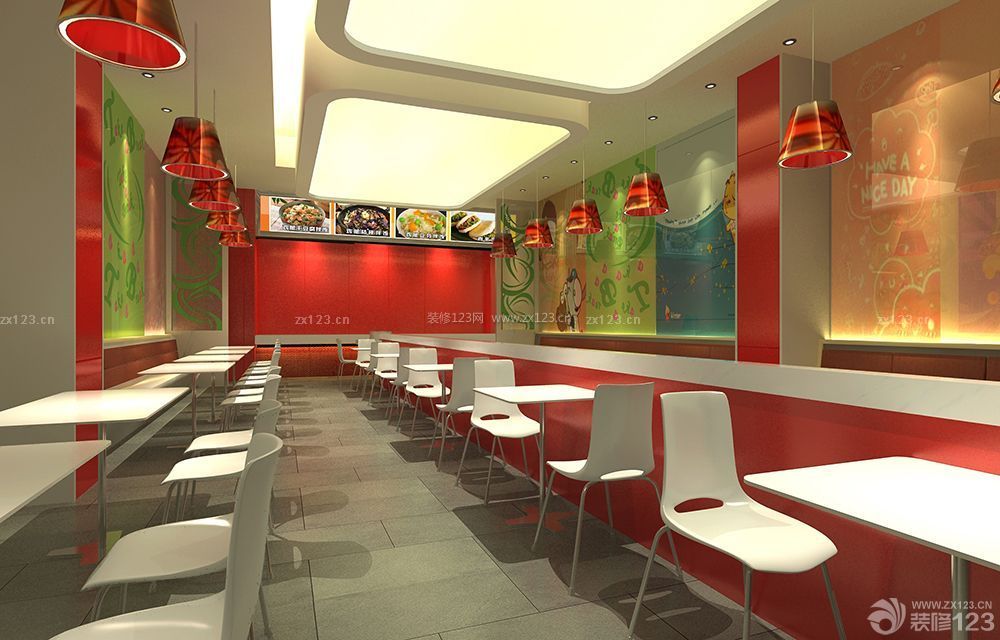 中式快餐店艺术吊顶装修设计图