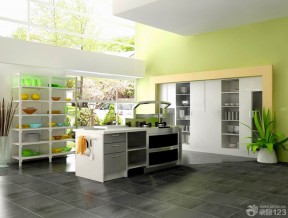 田园风格厨房整体橱柜地面瓷砖效果图