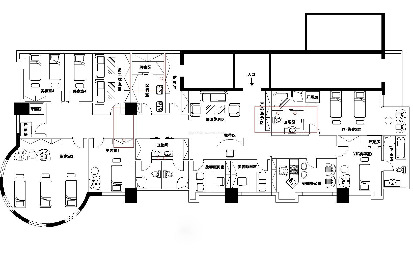 大型高端美容會(huì)所平面設(shè)計(jì)圖