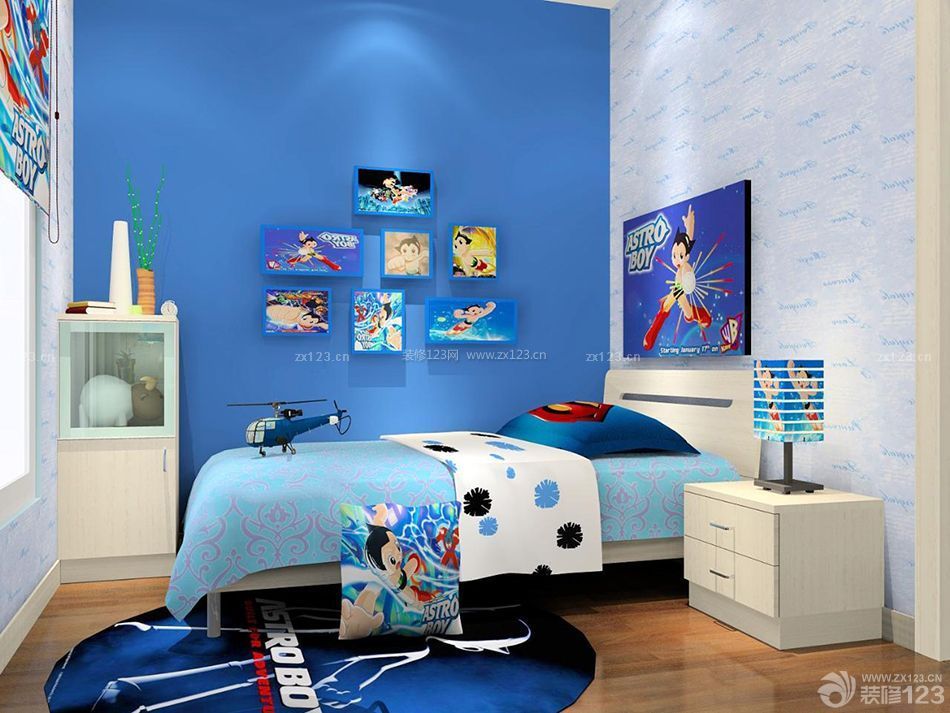 卡通蓝色长方形小户型儿童房间布置效果图