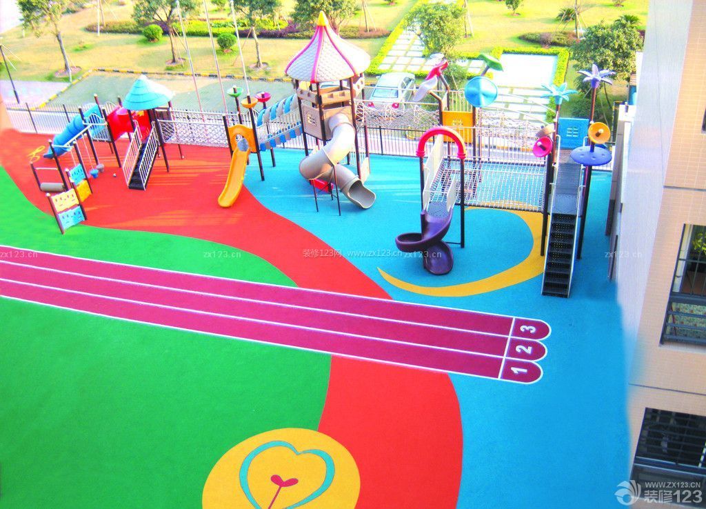 幼儿园校园滑梯彩色地面效果图